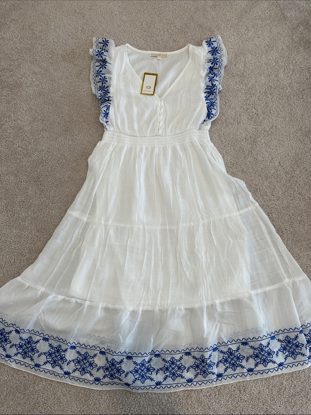 Girls White Dress with Blue Embroidered Trim